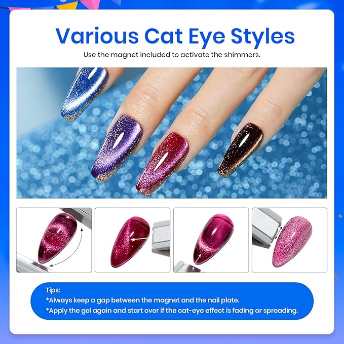 Beetles Cat Eye Gel Nail Polish Set-36 Colors Red Purple Brown Green Burgundy Magnetic Gel Nail Polish with Base Gel Glossy Matte Top Coat Magnet,Soak off UV Nail Gel DIY Nail Art Gift for Women-Velvo Beauty