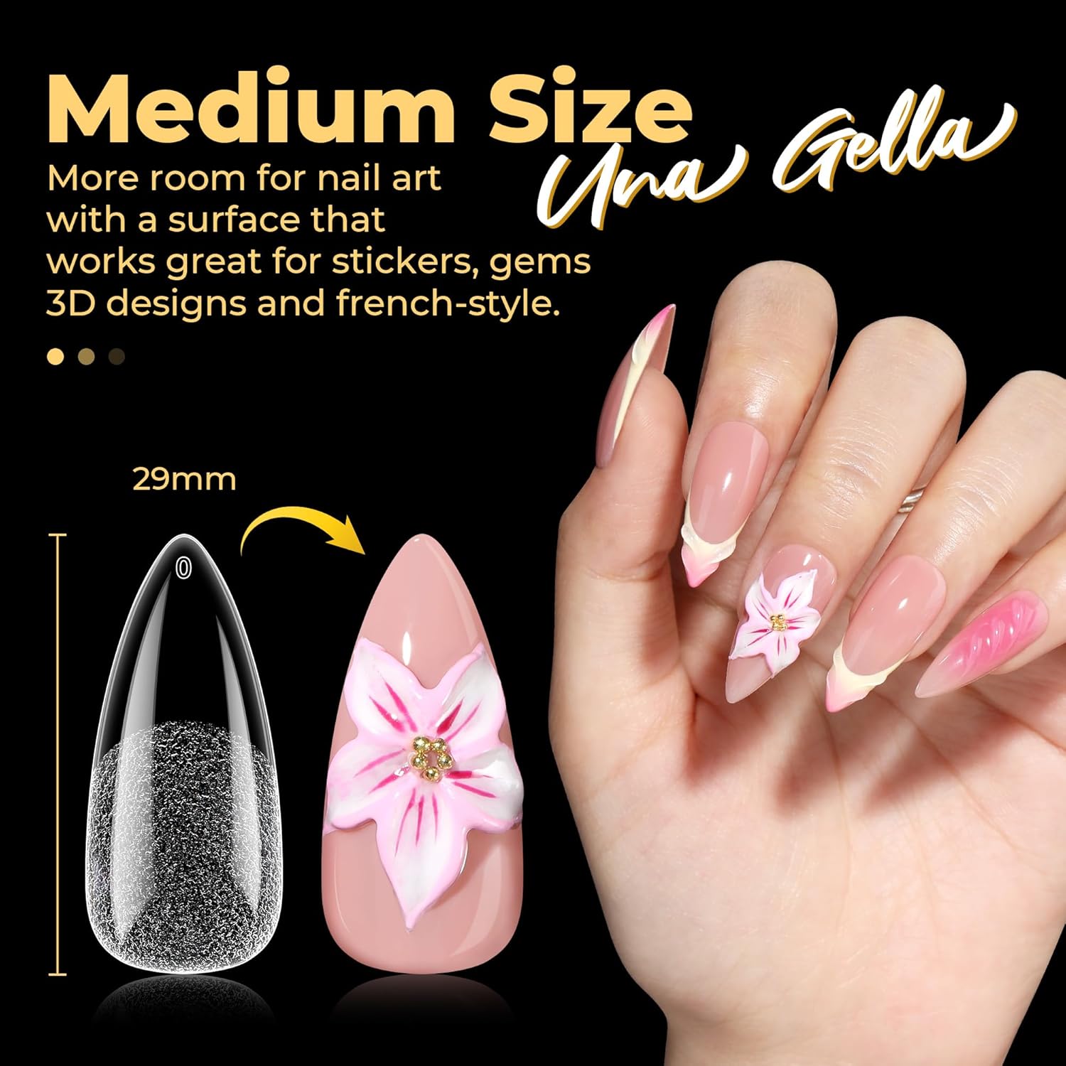 UNA GELLA Halloween Stiletto Press on Nails, 600 Pcs Medium Stiletto Nail Tips Almond Shape Pre Etched Full Cover Soft Gel Nails Tips for Nail Extensions Art DIY Salon 12 Sizes at Home-Velvo Beauty