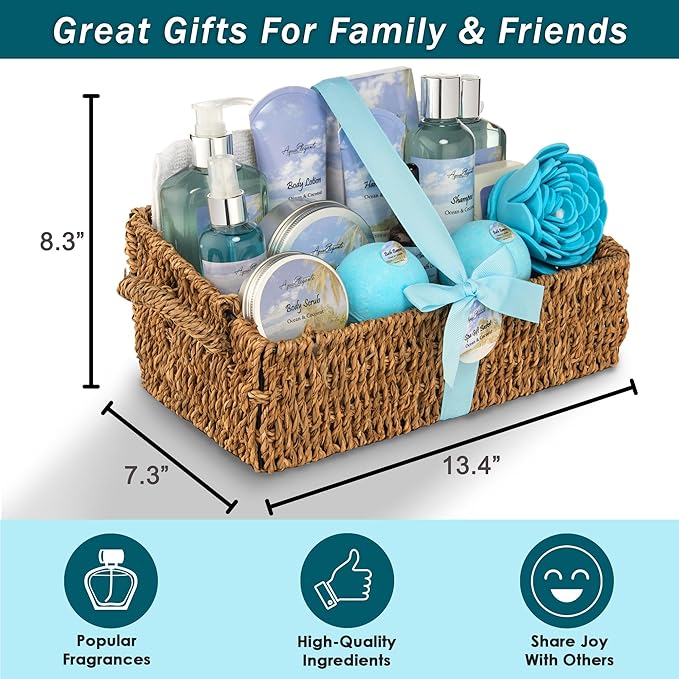 Bath Spa Gift Sets - Luxury Basket With Ocean & Coconut - Spa Kit Includes Wash, Bubble Bath, Lotion, Bath Salts, Body Scrub, Body Spray, Shower Puff, Bathbombs, Soap in Wooden Basket-Velvo Beauty