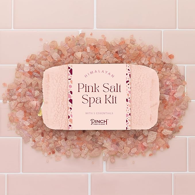 Pinch Provisions Himalayan Pink Salt Spa Kit, Spa Accessories & Essentials for Self-Care & Beauty, Includes Himalyan Salt Massager & Exfoliating Glove, Spa Set Gift, Multi-Functional Cosmetic Bag-Velvo Beauty