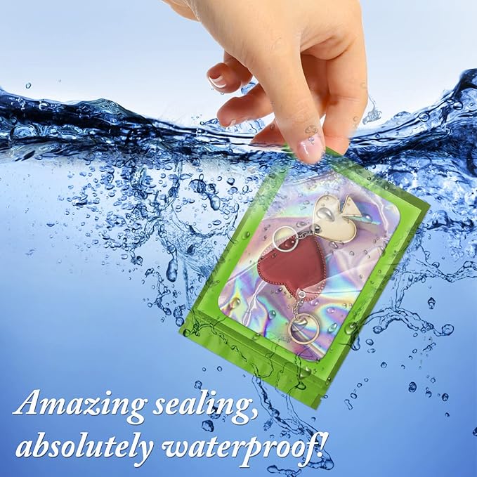 100 Pack Holographic Bags,Smell Proof Packaging Bags, Clear Window Resealable Odor Foil Pouch Mylar Bags for Food Storage and Lipgloss, Jewelry Lash(Green, 2.4 x 3.9 Inch)-Velvo Beauty