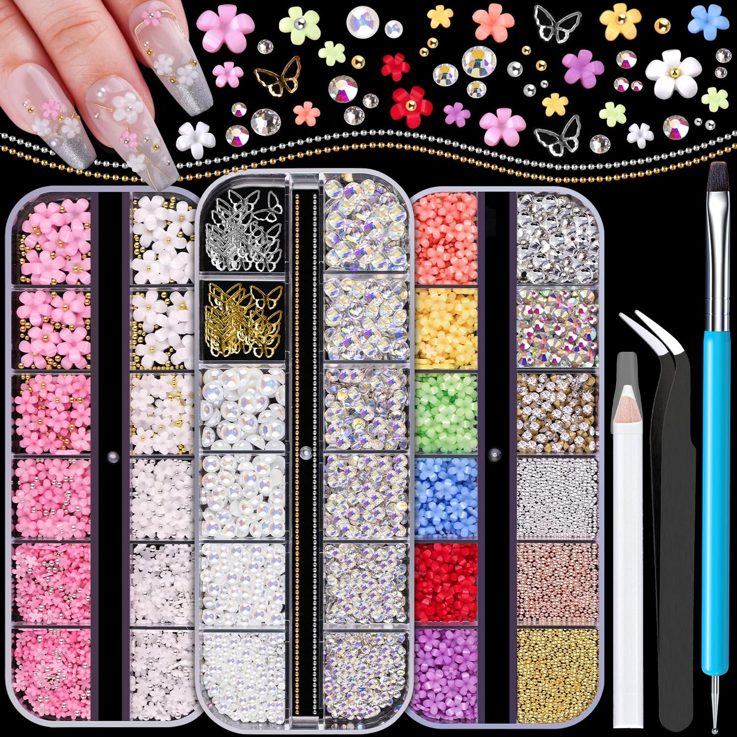 3D Nail Charms, Butterfly White Pink Acrylic Flower Starry AB Gemstones Caviar Beads Half Round Pearl, Flat Back Glass Crystal AB + Clear Round Gems Rhinestones for Nails with Pickup & Dotting Tools-Velvo Beauty