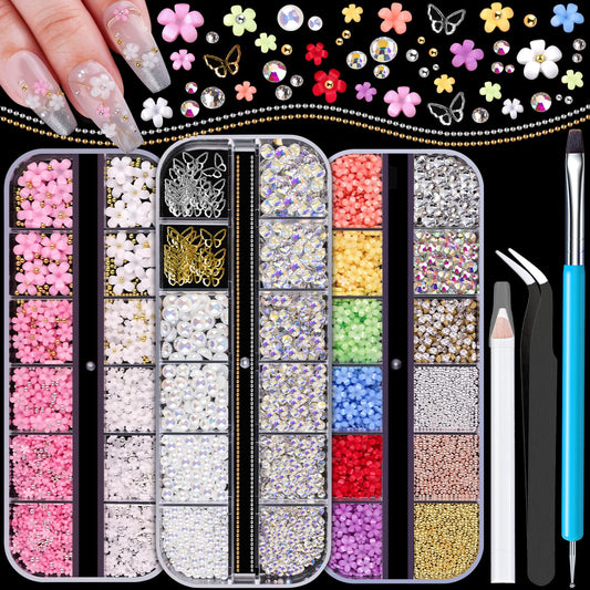 3D Nail Charms, Butterfly White Pink Acrylic Flower Starry AB Gemstones Caviar Beads Half Round Pearl, Flat Back Glass Crystal AB + Clear Round Gems Rhinestones for Nails with Pickup & Dotting Tools-Velvo Beauty