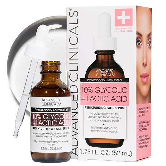 Advanced Clinicals Exfoliating 10% Glycolic Acid Serum For Face + Lactic Acid | Facial Exfoliant AHA + Salicylic Acid Serum To Improve Look Of Large Pores, Uneven Skin Tone, & Dark Spots, 1.75 FL Oz-Velvo Beauty