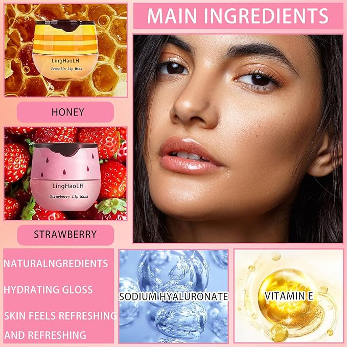2PCS Bee Lip Balm,Hydrating Honey Pot Lip Balm with Stick,Non-Greasy Silky Sleeping Lip Mask Set,Long Lasting Lip Scrubs Moisturizer for Dry Cracked Lips（Honey ＋Strawberry）-Velvo Beauty