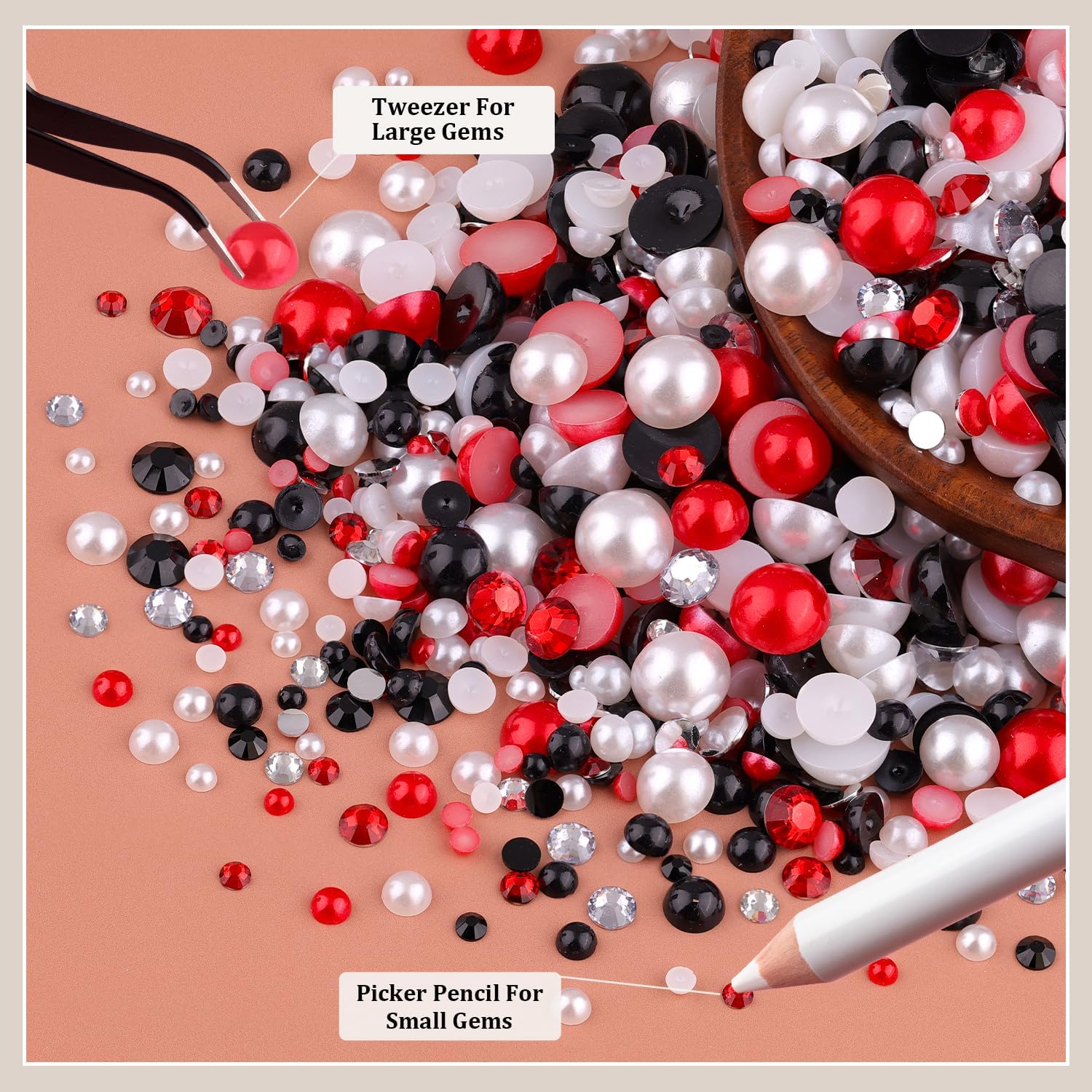 80g Flatback Pearls and Rhinestones for Crafting, Red White Black 3-10mm Resin Rhinestones and Half Pearls for Bedazzling, Nail Art and Dec with 3pcs 10ml B7000 Jewelry Glue, Tweezer and Pickup Pencil-Velvo Beauty
