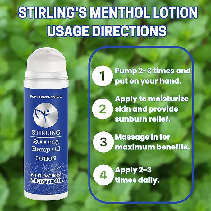 STIRLING Menthol Lotion + Hemp Oil – Maximum strength relief with cooling menthol and 100% pure hemp oil to soothe joints, relax muscles, and hydrate with aloe vera. 5 fl oz. (2000mg, Menthol)-Velvo Beauty
