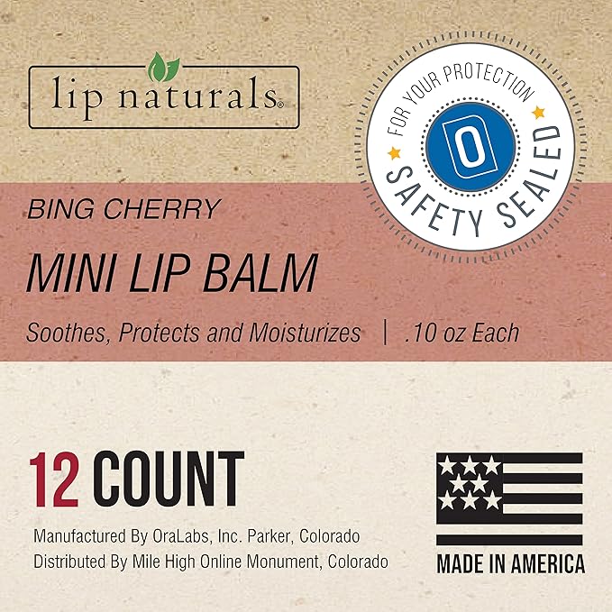 Lip Naturals® | Mini Cherry Lip Balm with Sunscreen (SPF-15) | Made in USA with Beeswax & Coconut Oil | 12-Count Mini Lip Balm Pack with Bing Cherry Flavor (0.10oz/3g Each)-Velvo Beauty