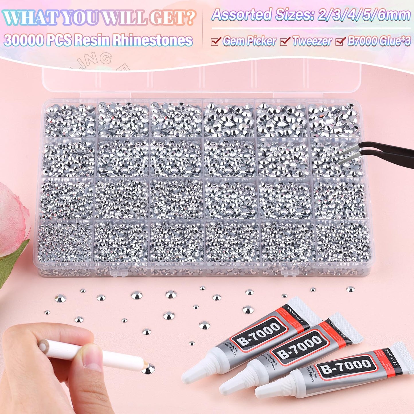 30000Pcs Resin Silver Rhinestones for Bedazzling Crafting with b7000 Jewelry Glue, Bulk Flatback Gems Bedazzler Kit for Crafts Clothes Shoes Fabric Nail Diamond Art, Assorted Size 2/3/4/5/6mm-Velvo Beauty