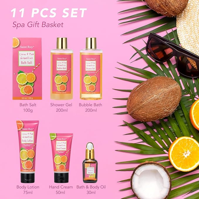 Bath & Body Gift Set, Luxury Home Spa Bath Gift Basket Citrus & Pink Grapefruit Spa Kit Gift Woman, 11 Pcs Self Care Kit Gifts With Bubble Bath, Massage Oil, Bath Brush, Birthday Gifts for Women-Velvo Beauty