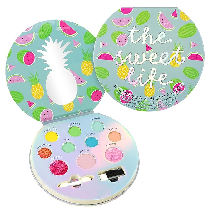 Expressions The Sweet Life Glisten & Glitter Makeup Palette 10 Color Eyeshadow Palette & Blush Makeup Novelty Beauty Set, Fold Out Compact with Mirror,Washable, Non-Toxic-Velvo Beauty