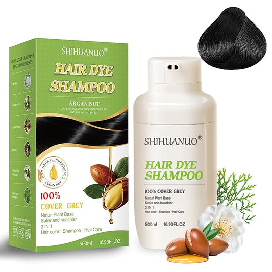 Black Hair Dye Shampoo 3 in 1 for Gray Hair Coverage Argan nut Natural Shampoo Black Hair Dye for Women & Men/Ammonia-Free 500ml-Velvo Beauty