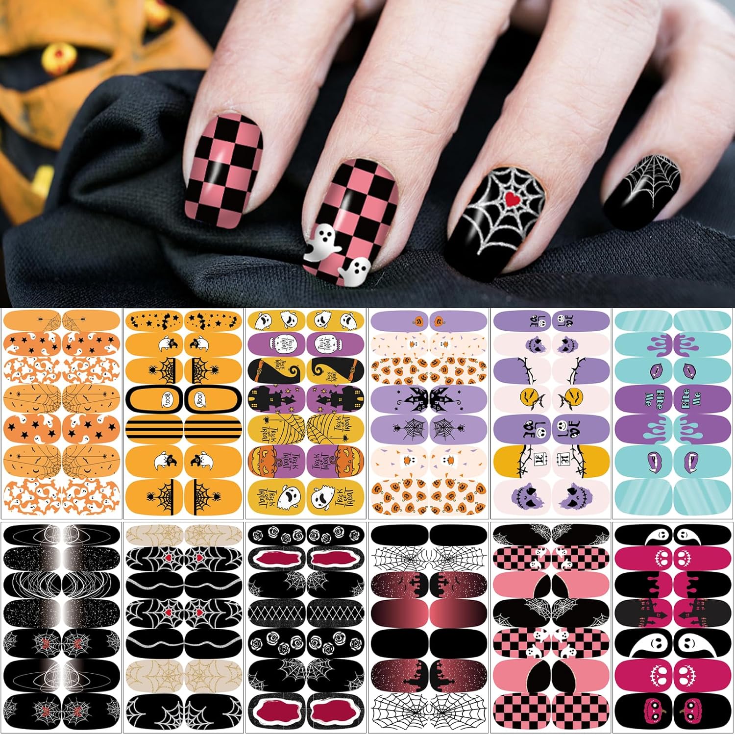 12 Sheets Halloween Nail Wraps Stickers, Nail Polish Strips DIY Self-Adhesive Full Glitter Nail Art Decals Pumpkin Bat Ghost Spider Skull Pattern with 2 Piece Nail Files for Party Decor (168 Pieces)-Velvo Beauty