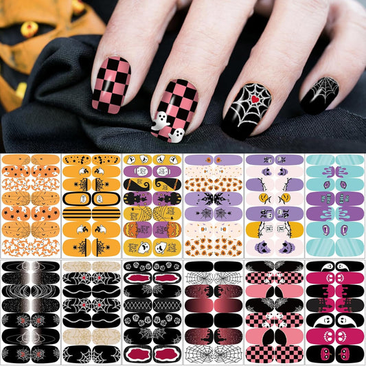 12 Sheets Halloween Nail Wraps Stickers, Nail Polish Strips DIY Self-Adhesive Full Glitter Nail Art Decals Pumpkin Bat Ghost Spider Skull Pattern with 2 Piece Nail Files for Party Decor (168 Pieces)-Velvo Beauty