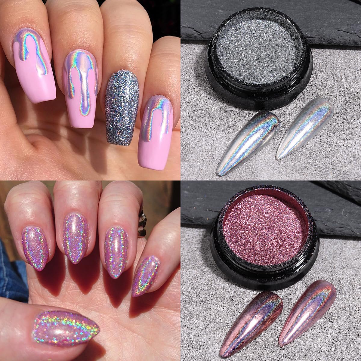 Chameleon Chrome Nail Powder, 10 boxes Pink Purple Aurora Chrome Powder, Gold Silver Holographic Nail Powder, Metallic Mirror Pigment for Nails, Rubbing Dust Manicure Glitter Set-Velvo Beauty
