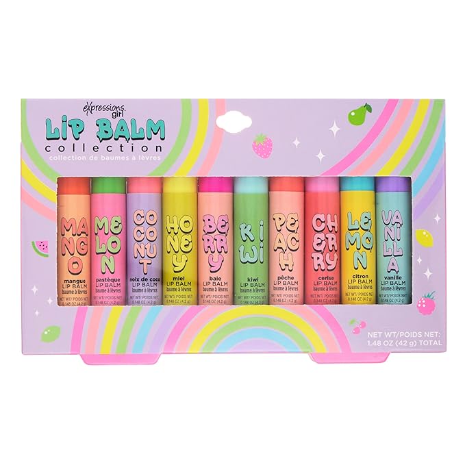 Expressions 10pc Fruity Lip Balm Collection - Hydrating Lip Balms Infused w/Fresh Fruity Flavors - Vitamin Enriched Nourishing Lip Balm Set-Velvo Beauty