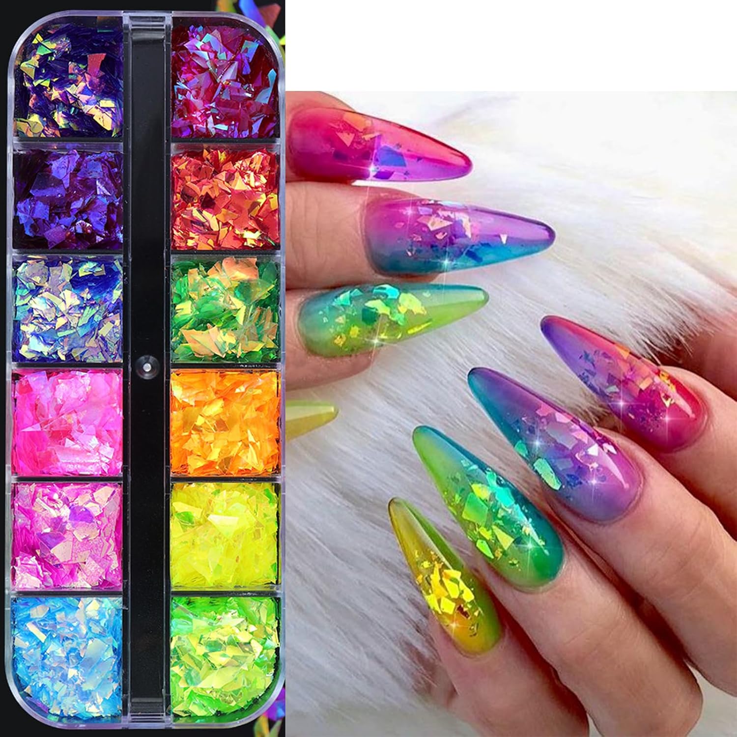 12Grids Holographic Mermaid Colorful Nail Art Glitter,Irregular Rainbow Candy Color Nail Art Flakes Sequins Gradient Bright Ice Slag Nail Sequins Summer Metallic Foil Nail Supplies DIY Nail Decoration-Velvo Beauty