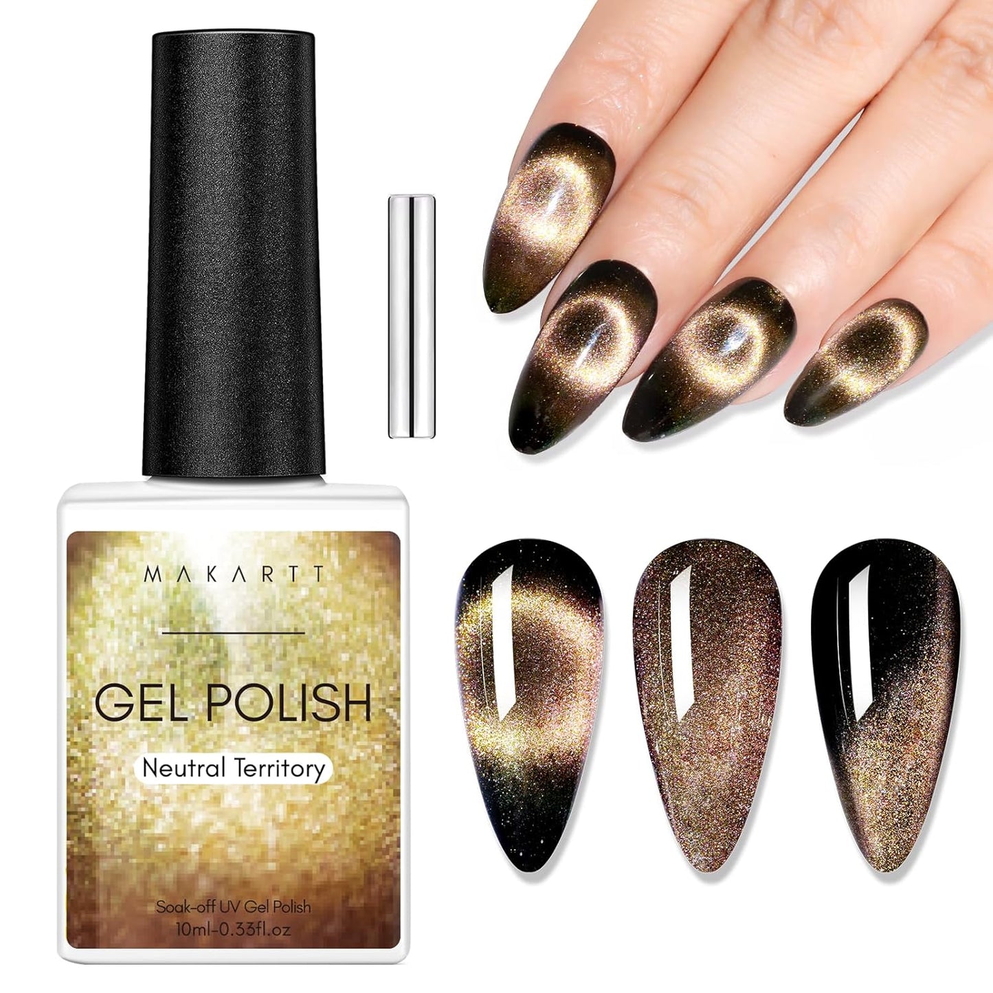 Makartt Cat Eye Gel Nail Polish: Black Hole Holographic Sparkly Gels with Magnet Stick, UV LED Soak Off Gel Polish for Nail Art Designs, Neutral Territory-Velvo Beauty