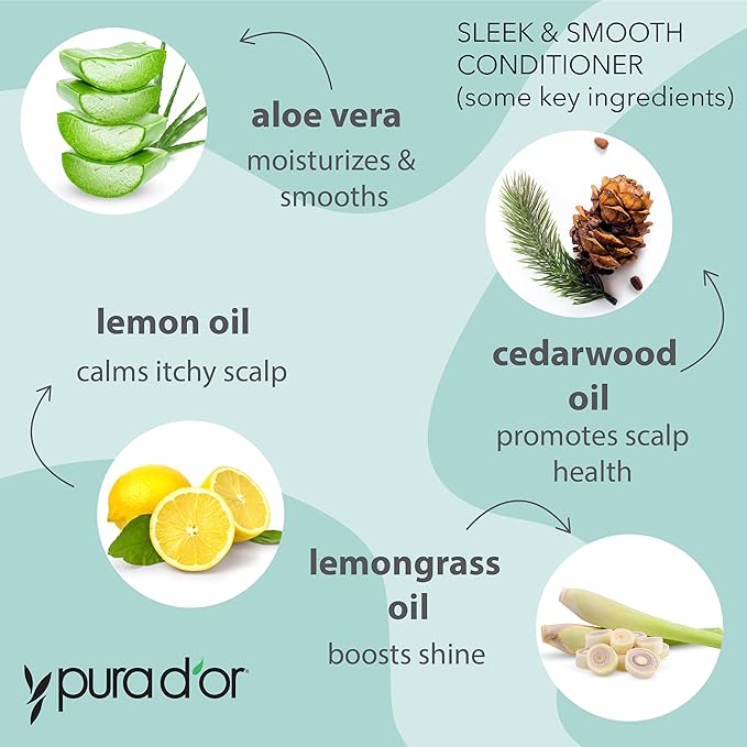 PURA D'OR Sleek & Smooth Shampoo and Conditioner Set For Frizz-Free & Silky Smooth Hair, Infused with Organic Aloe Vera, Argan Oil, Castor Oil, Bergamot Oil & Geranium Oil-Velvo Beauty