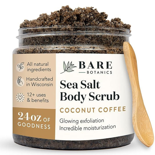 Bare Botanics Coconut Coffee Body Scrub 24oz | Made in Madison, WI | All Natural Sea Salt Exfoliator w/ Skin Loving Moisturizers | Vegan & Cruelty Free | Gift Ready Packaging w/ a Cute Wooden Spoon-Velvo Beauty