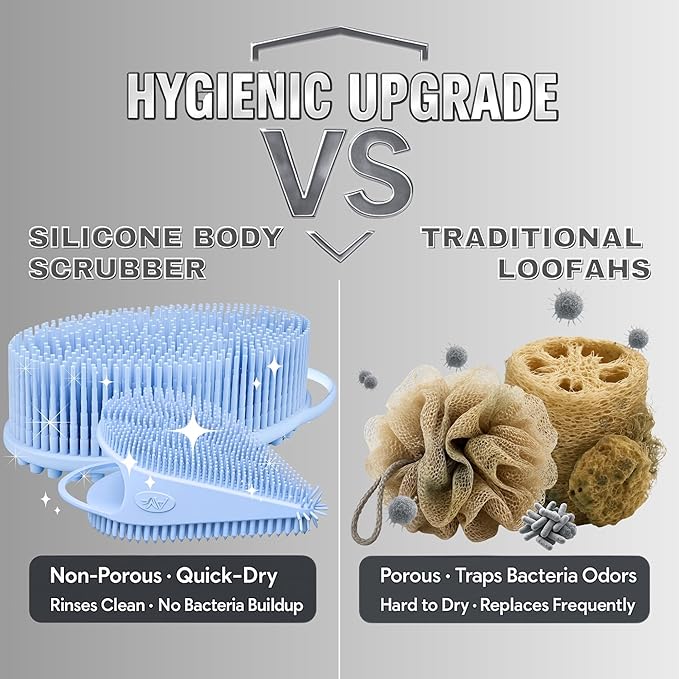 Avilana Silicone Body Scrubber – Gentle Shower Brush & Loofah Alternative- Food Grade & Lab Tested – Fast-Drying, Hygienic, BPA-Free Silicone Body Gentle Exfoliator (Blue, Body & Face)-Velvo Beauty