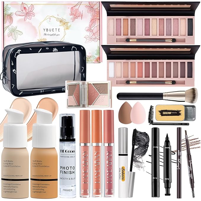 Makeup Set Kit for Women Full Kit, Makeup Present for Women Teen Girl, Eyeshadow Foundation Face Primer Brush 3 in 1 Palette Lip Gloss, Eyebrow Soap Mascara Eyeliner cosmetic bag-Velvo Beauty