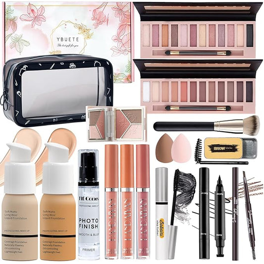 Makeup Set Kit for Women Full Kit, Makeup Present for Women Teen Girl, Eyeshadow Foundation Face Primer Brush 3 in 1 Palette Lip Gloss, Eyebrow Soap Mascara Eyeliner cosmetic bag-Velvo Beauty