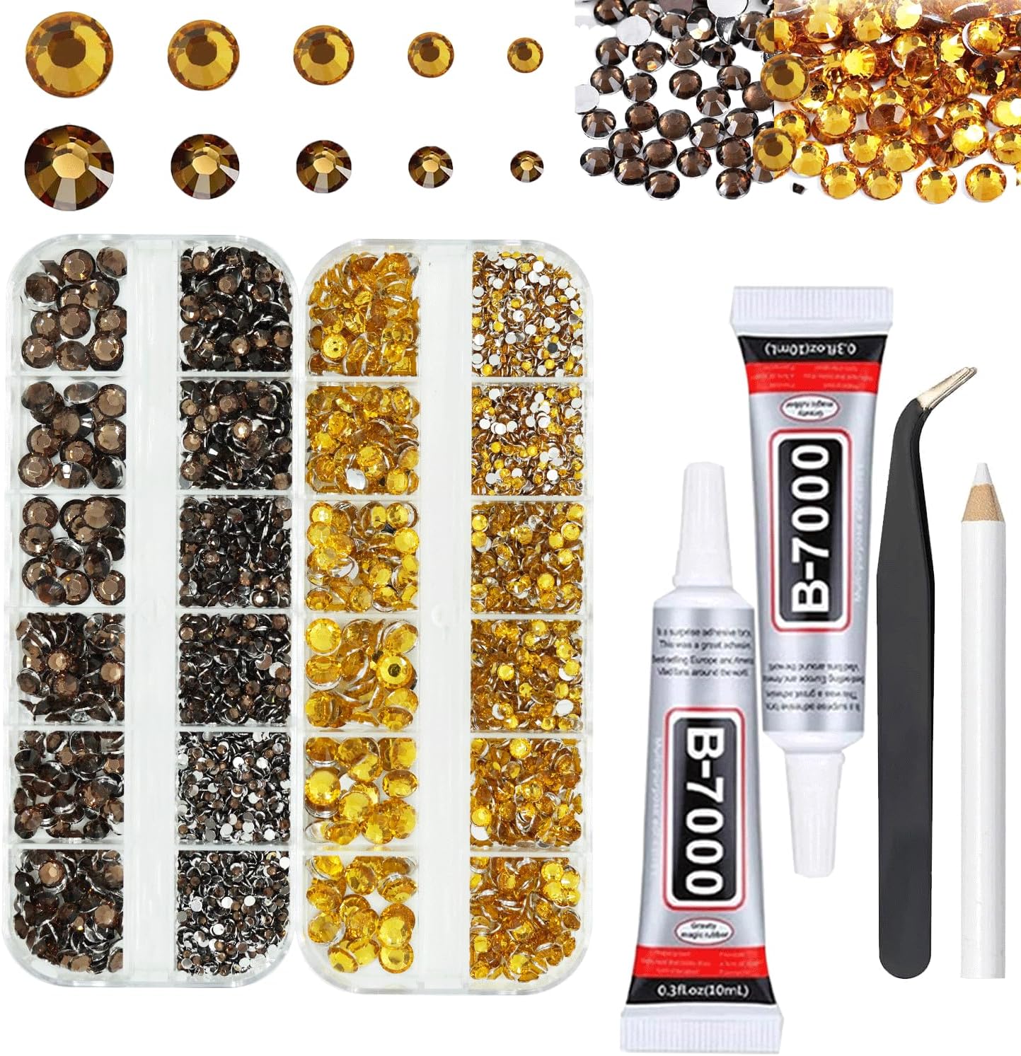 Gold and Brown Rhinestones with Glue(S8-S30) for Bedazzling, 2mm-6mm Non-Hotfix Flatback Nail Gems Beads with B7000, Resin Nail GemsStones Diamond Kit for Bedazzle Crafting, Nails DIY Art Decoration-Velvo Beauty