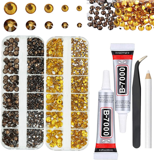 Gold and Brown Rhinestones with Glue(S8-S30) for Bedazzling, 2mm-6mm Non-Hotfix Flatback Nail Gems Beads with B7000, Resin Nail GemsStones Diamond Kit for Bedazzle Crafting, Nails DIY Art Decoration-Velvo Beauty