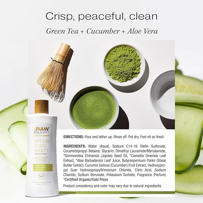 RAW SUGAR Sensitive Skin Simply Body Wash - Green Tea + Cucumber + Aloe Vera, Moisturizing & Brightening Bath & Shower Gel, Sulfate-Free, Paraben-Free & Vegan (Pack of 3)-Velvo Beauty
