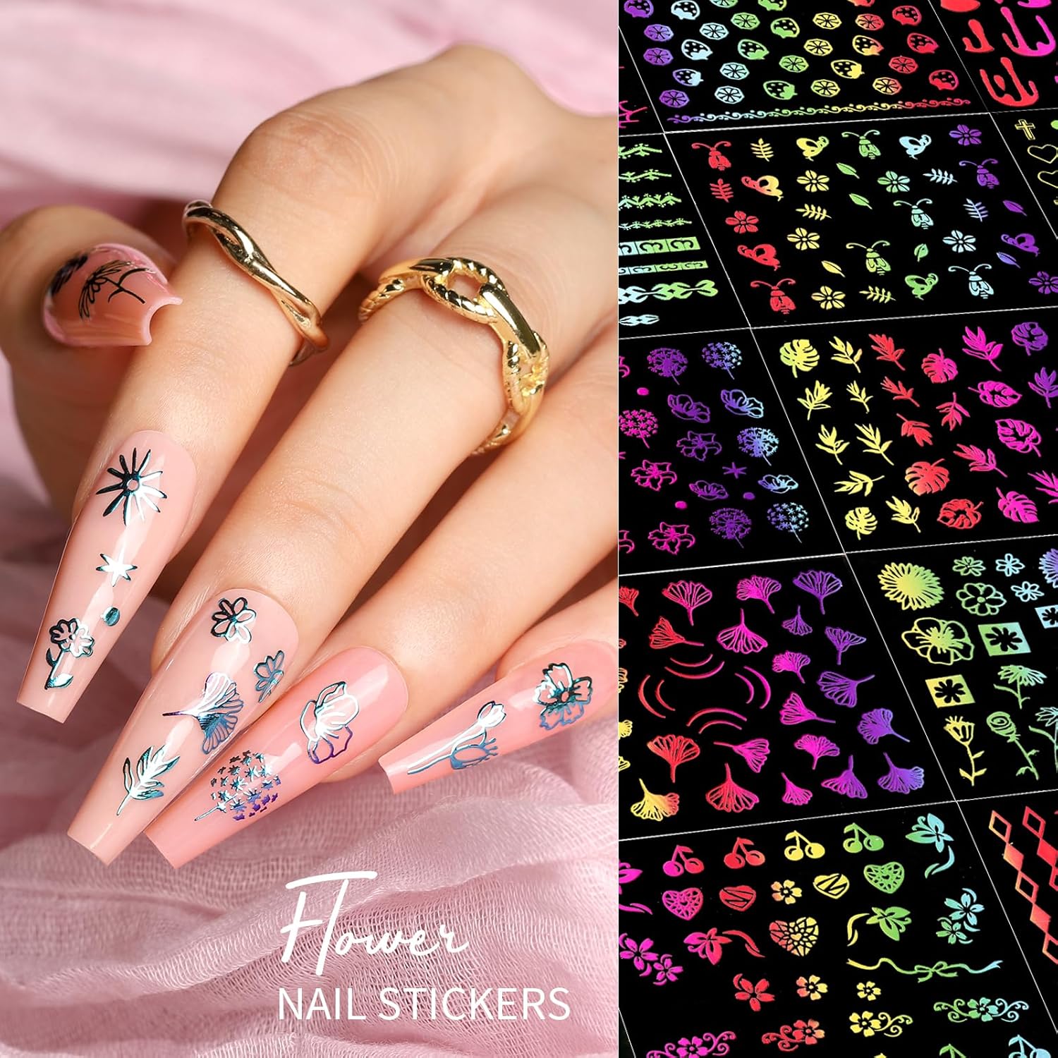 Teenitor 50 Sheets Nail Art Stickers, Rainbow Nail Stickers for Nail Art Nail Decals for Kids, Women, Fingernail in Halloween Christmas, Nail Supplies-Velvo Beauty