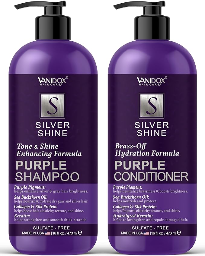 Sulfate Free Brass Toning Purple Shampoo and Conditioner Set for Grey and Silver Hair, Moisturizing & Color-Safe, Enhances Shine & Brightness, Made in USA (16 fl oz each)-Velvo Beauty