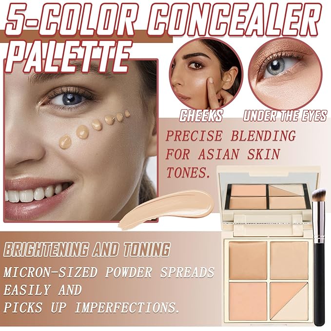 5 Colors Correcting Concealer Palette,Waterproof Long Lasting Cream Contour Palette for Women,Contouring Concealer Liquid Foundation Makeup Palette with Brush 01#-Velvo Beauty