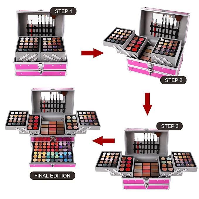 All in One Makeup Gift Set for Women Girls Full Kit, Includes Eyeshadow, Lipstick, Concealer, Highlighter, Eyebrow Powder, Blush, Contour, Lip Liners, Eyeliner, Brushes (Cerise)-Velvo Beauty