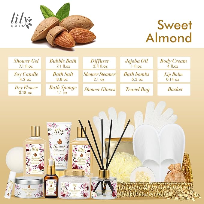 Mothers Day Gifts for Mom Spa Gift Basket Set for Women 17-Piece Almond Luxury Spa Gift Set Bath & Body Care Kit with Shower Gel, Body Cream | Valentine's, Christmas, Birthday Gifts for Her, Wife, Mom-Velvo Beauty