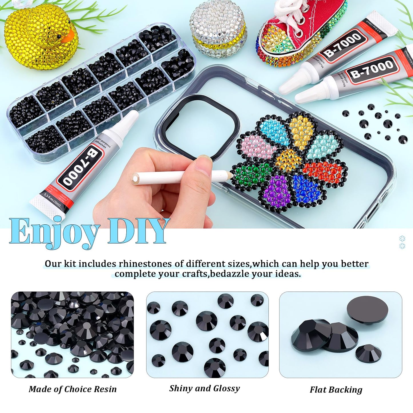 6000Pcs Resin Rhinestones for Bedazzling with 3Pcs B7000 Jewelry Glue, 1 Box Black Flatback Rhinestones for Crafting Crafts DIY, Crystals Gems for Clothing Shoes Tumblers Nail Art Makeup-Velvo Beauty