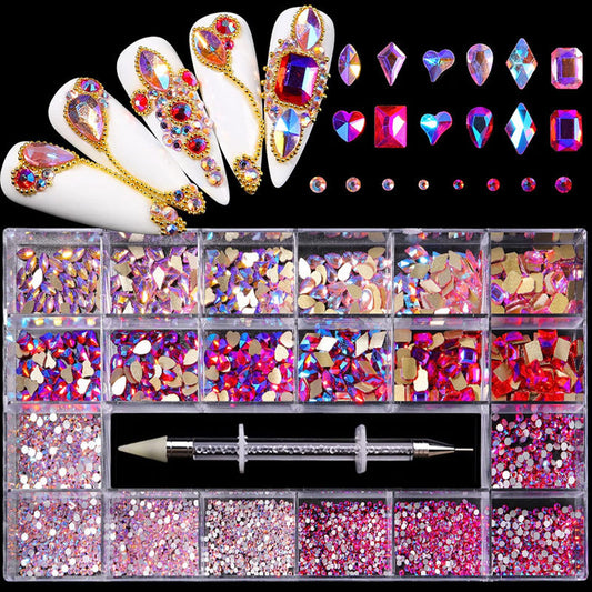Nail Rhinestones Kit, Nail Art Decorations with Wax Pencil Flat AB Rhinestones Kit DIY Crafts Gemstones for Nail, Shoes, Clothes, Jewels (600 Powder diamonds + 2500 flat rhinestone)-Velvo Beauty