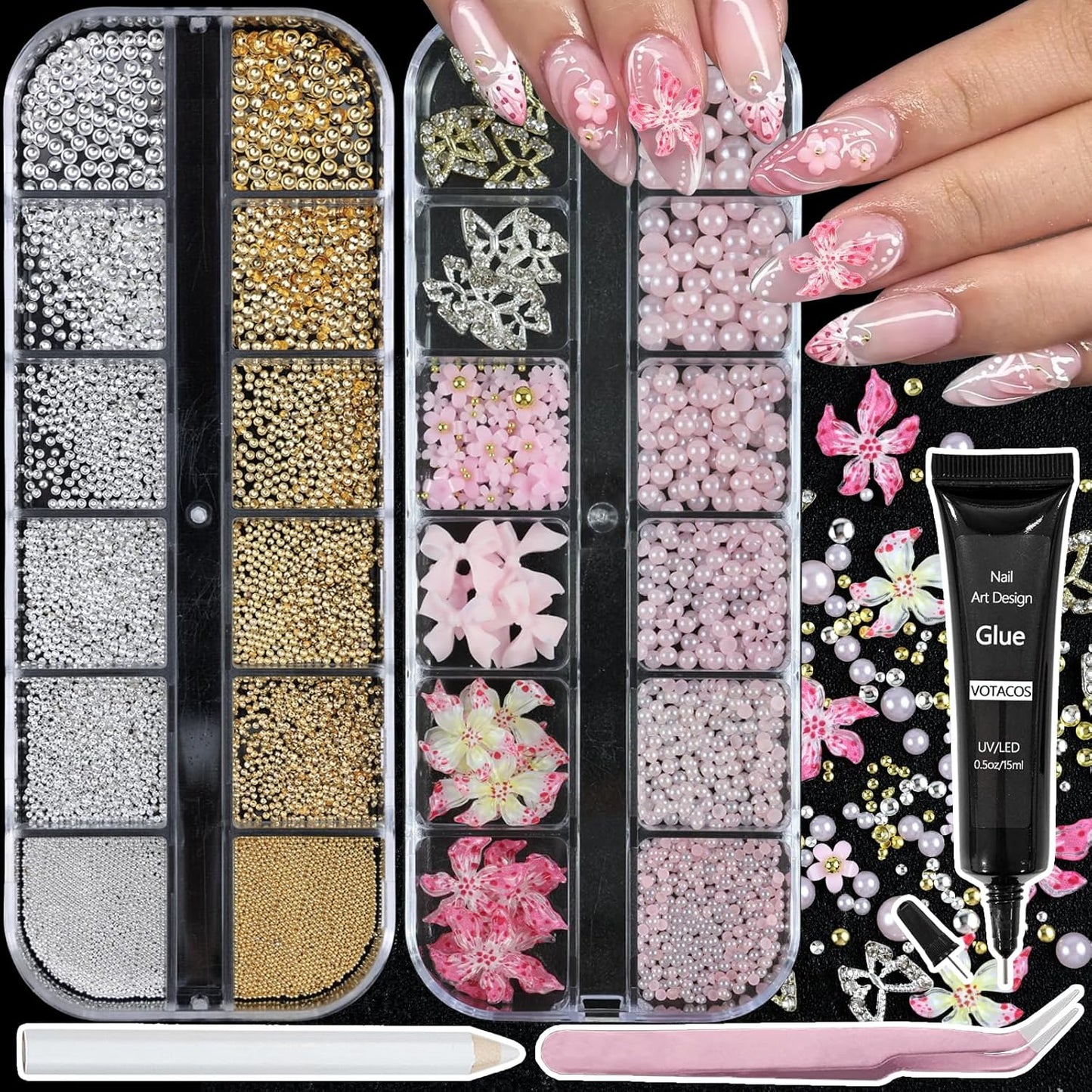 Nail Art Charms with Rhinestones Glue Gel Pink Flatback Pearls Flower Bow Nail Gems Supplies Accessories Gold Silver Nails Decoration Pearls for Women Nails Design-Velvo Beauty