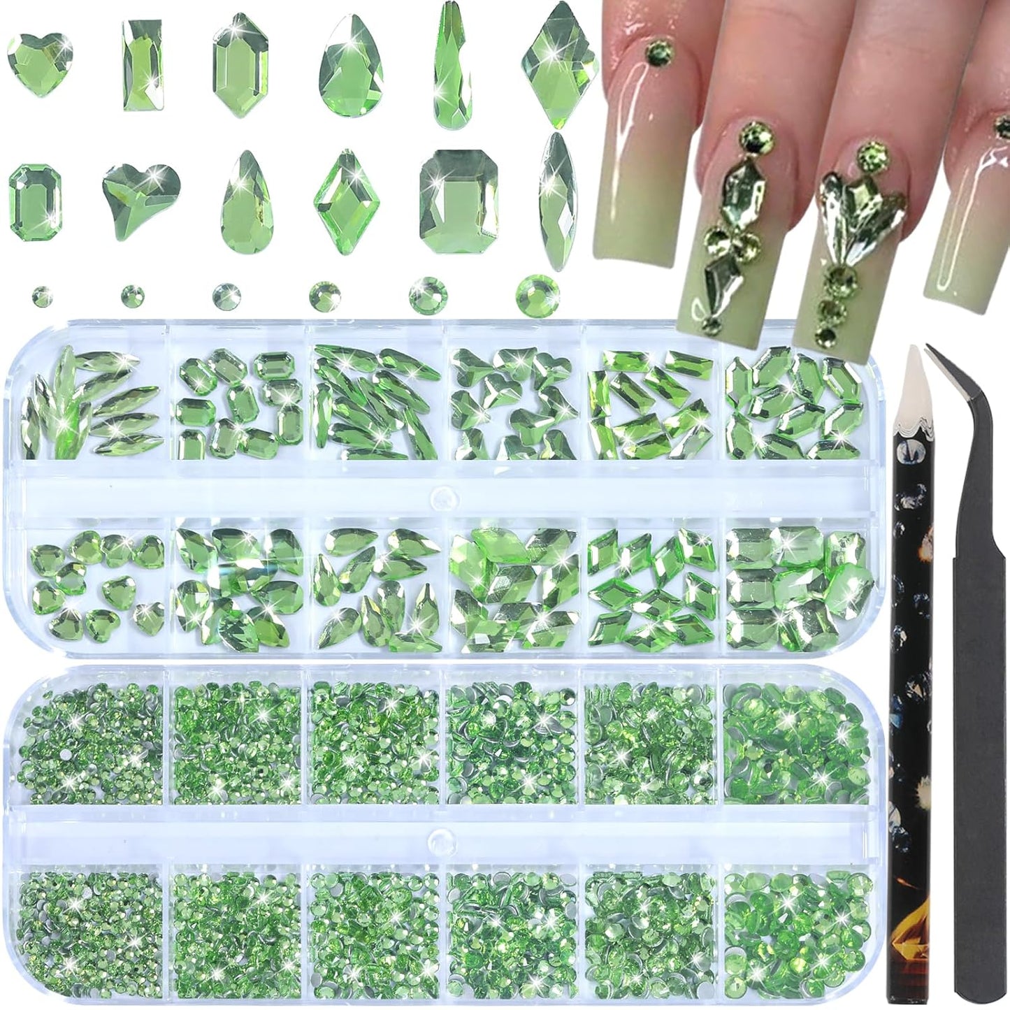 HNUIX Nail Rhinestones - 3D Multi Shape Size Crystal, Crystal Light Green, Flat Back, with Kit, for Nail Art, DIY Decorations-Velvo Beauty