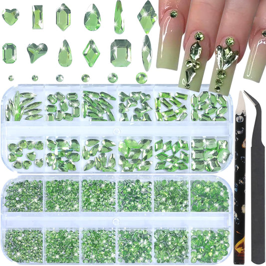 HNUIX Nail Rhinestones - 3D Multi Shape Size Crystal, Crystal Light Green, Flat Back, with Kit, for Nail Art, DIY Decorations-Velvo Beauty