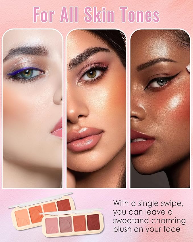 Matte Face Blush Palette Kit with Brush-4 Colors Pink Purple Orange Silky Mineral Blendable Blusher Contour Powder for Cheeks,Longlasting Professional Facial Beauty Makeup Gift for Women Girl-Set 02-Velvo Beauty