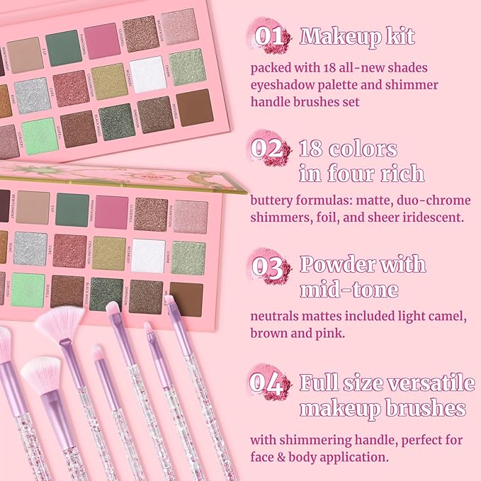 18 Colors Eyeshadow Palette With 7 pcs Soft Brushes Makeup Set High Pigmented Shimmer Matte Metallic Glitter Pink Nude Sage Green Eye Shadow Brush Make Up Kit for Women & Teen, Beginner & Pros-Velvo Beauty