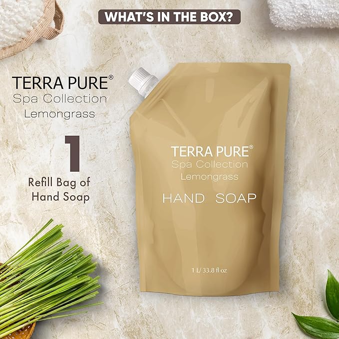 Terra Pure Spa Collection 1 Liter Hand Wash Refill Bag For Soap Dispensers | Bulk Toiletries for Vacation Rentals, and Home Bathroom Showers | Green Tea Lemongrass | Single-Velvo Beauty