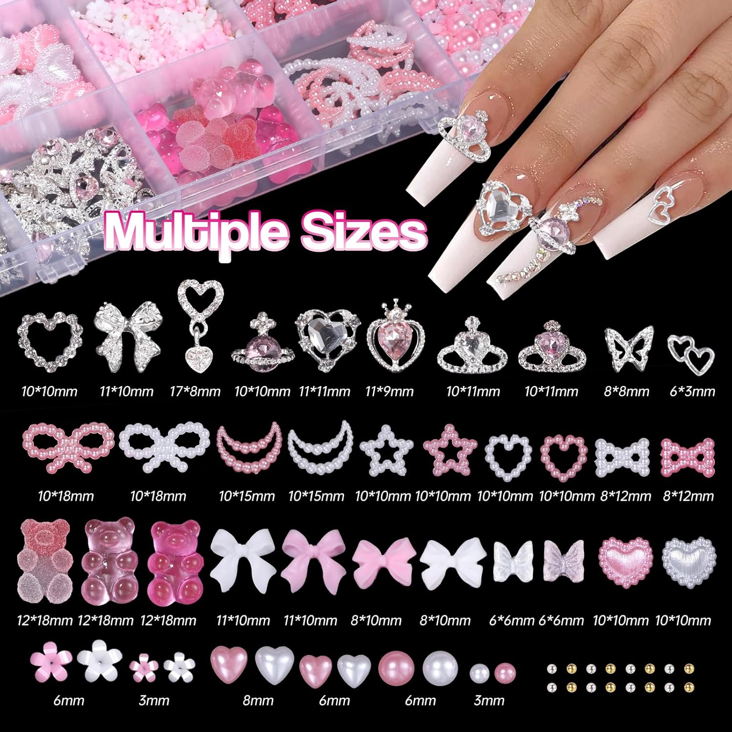 Silver Nail Gems Charms, 3D Pink Color Nail Art Charms, Acrylic Blossom Tiny Flowers Flatback Multi Styles Pearls Nail Charms Planet Heart Butterfly Nail Diamond Charms for Nails Manicure DIY Crafts-Velvo Beauty