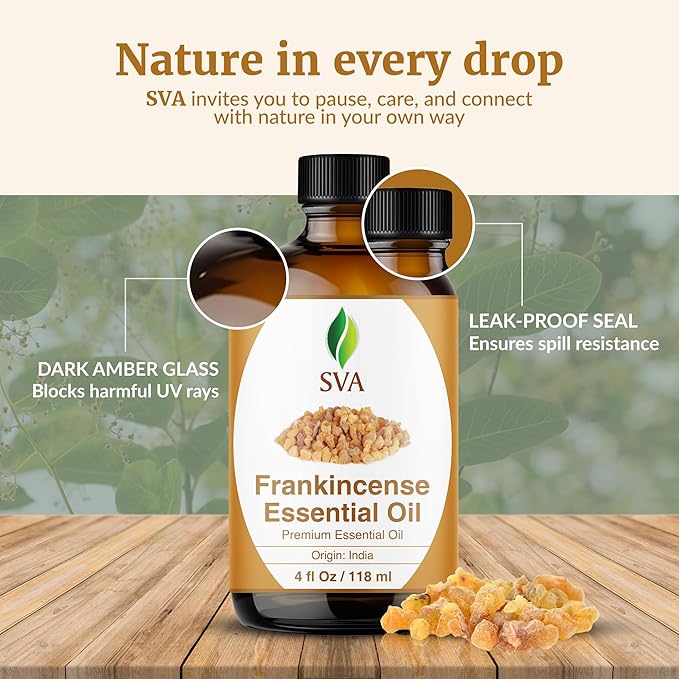 SVA Frankincense Essential Oil – 4 Fl Oz – 100% Natural Boswellia Serrata Oil - for Diffuser, Hair Care, Face, Skin Care, Aromatherapy, Scalp and Body Massage, Soap and Candle Making – with Dropper-Velvo Beauty