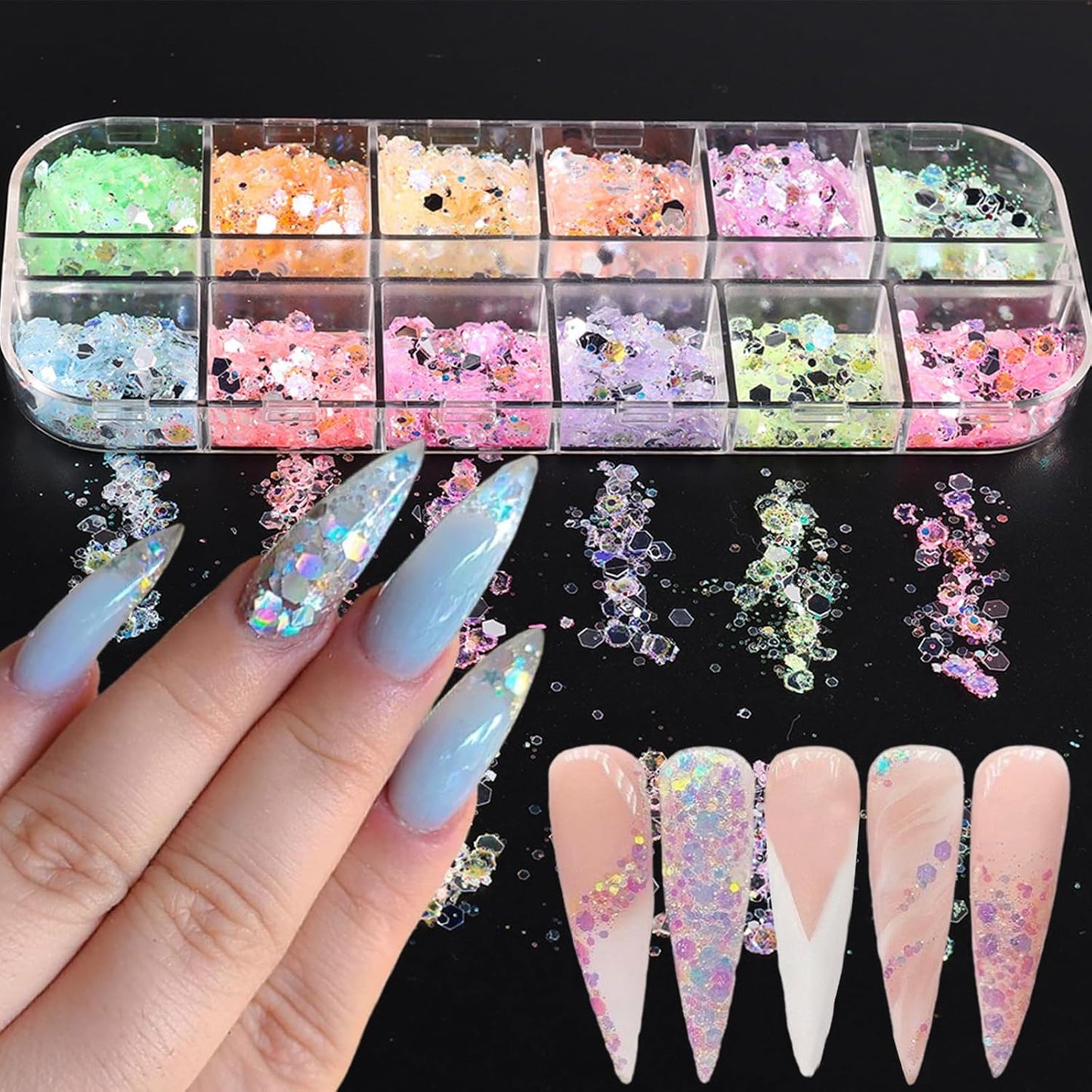 12 Grids Colorful Mermaid Nail Sequin Holographic Nail Art Glitter,Iridescent Nail Art Flake Glitter Decals Glass Paper Design Nail Accessories Acrylic Nails for Women Make Up DIY Nail Decoration-Velvo Beauty