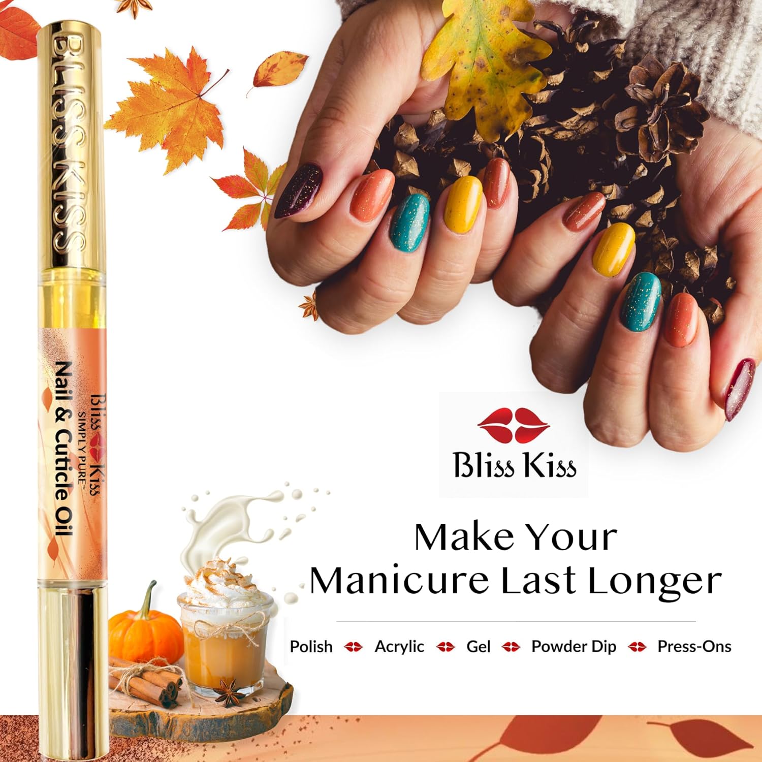 Bliss Kiss | 4 Pumpkin Spice Latte Scent Nail | Oil Cuticle Pen w/Vitamin E & Jojoba⏤Nail Strengthener Nail Growth Serum for Brittle Peeling Breaking Thin Nails-Velvo Beauty