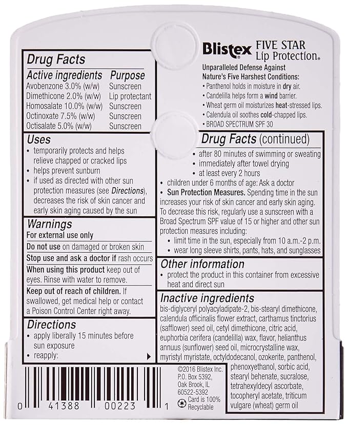 Blistex Five Star Lip Protection, SPF 30-0.15 oz (Pack of 6)-Velvo Beauty