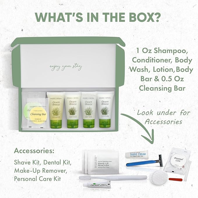 Amenity & Accessory Kit | 1 oz Travel Size Shampoo, Conditioner, Lotion, Body Wash, Body Bar, Cleansing Bar, Shave & Dental Sets, Make-Up Remover Wipes, & Vanity Kit | 1 set per case-Velvo Beauty