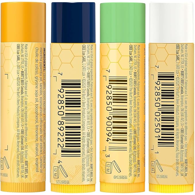 Burt's Bees Holiday Gift, 4 Lip Balms Stocking Stuffer, Assorted Mix Set, Classic Beeswax, Vanilla, Cucumber Mint & Coconut And Pear-Velvo Beauty